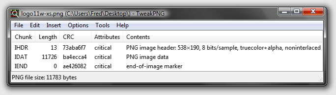 TweakPNG snapshot showing only 3 PNG chunks: IHDR, IDAT and IEND